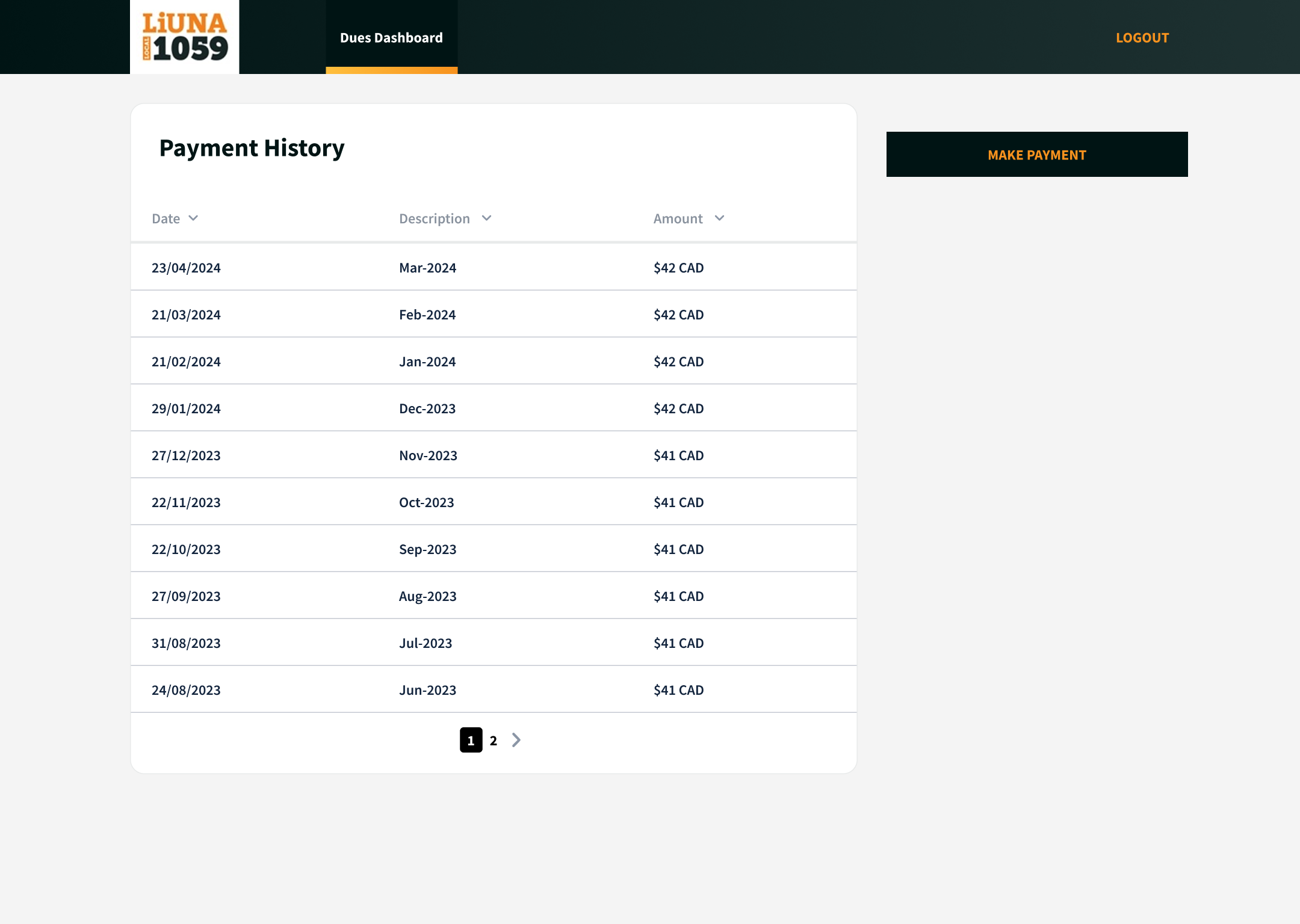 Screenshot of the desktop version of the dues dashboard.